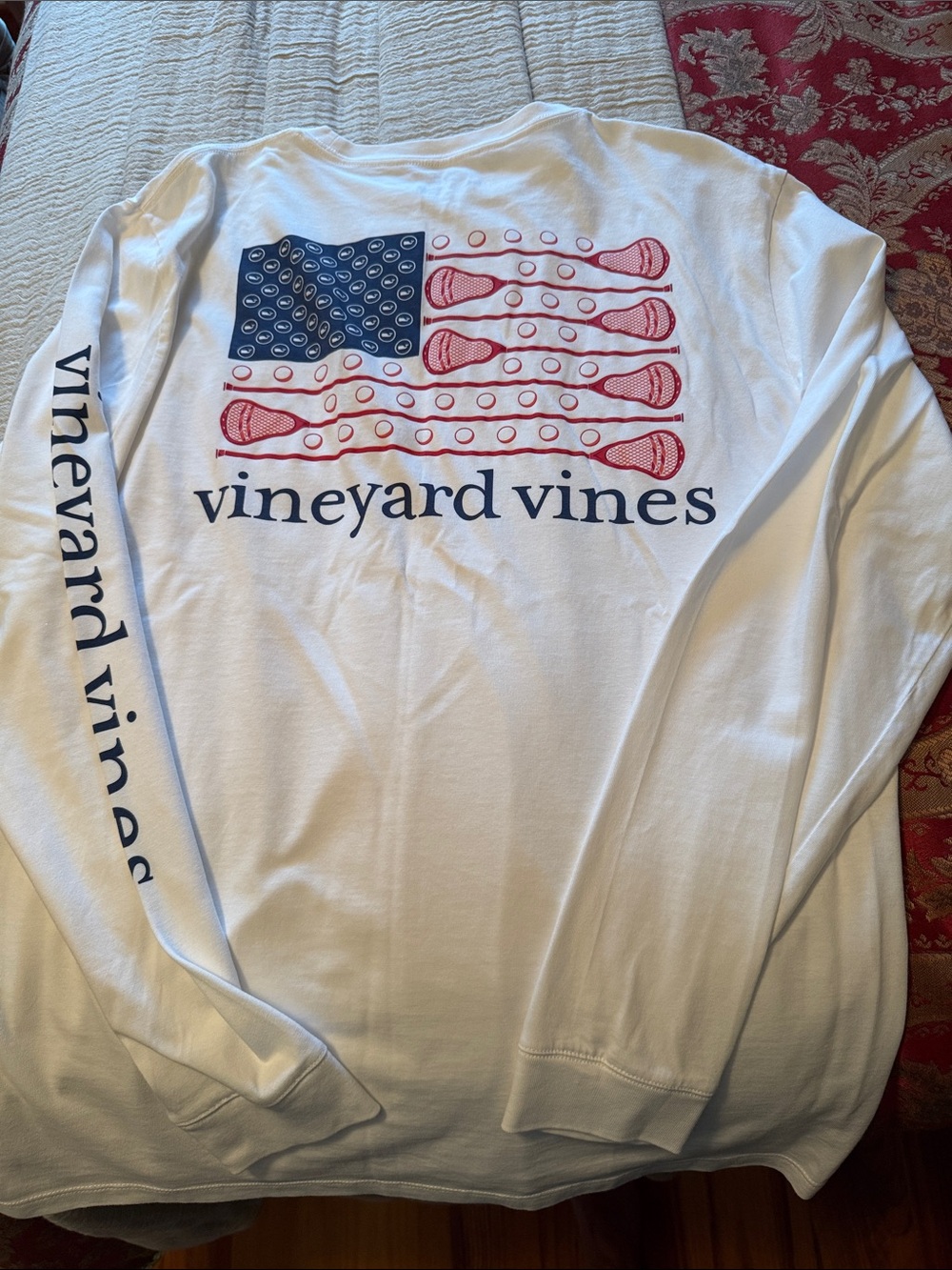 Vineyard Vines White Long-Sleeve Tee with Red & Blue Flag Lacrosse Graphic